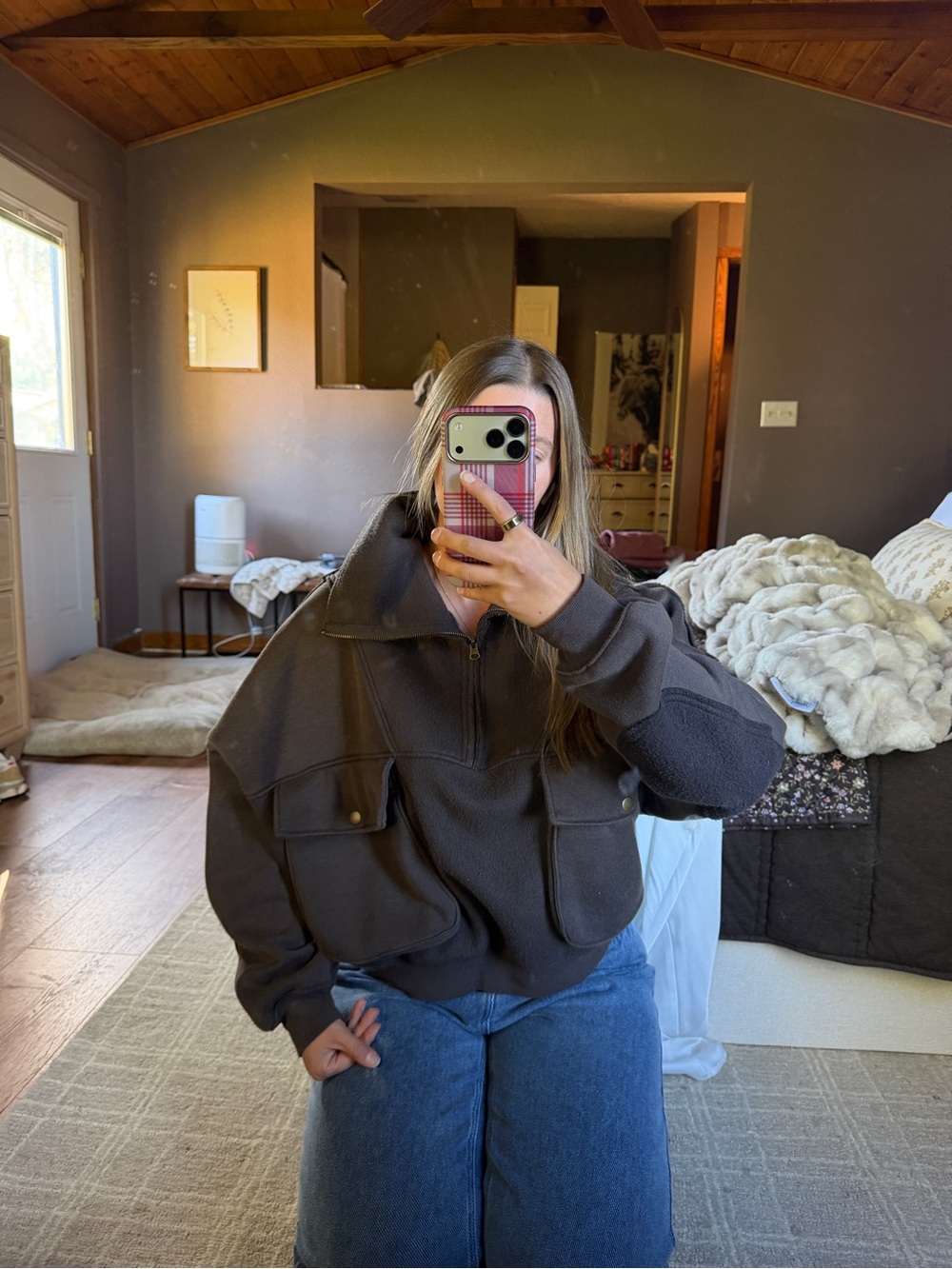 Women's Oversized Dark Brown Zip-Front Utility Jacket